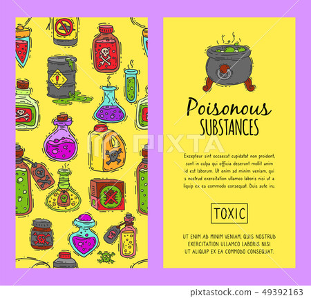 Poisonous chemicals and substances seamless pattern vector illustration. Different containers for Poisonous chemicals and substances seamless pattern vector illustration. Different containers for 49392163