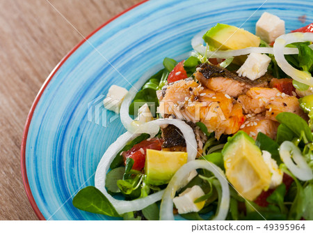 Salad of of fried trout, avocado, grapefruit and corn salad Salad of of fried trout, avocado, grapefruit and corn salad 49395964