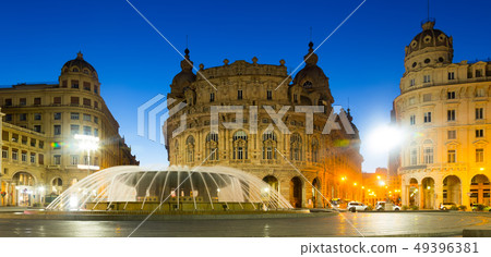 Night light of The Ferrari Square with fountain in Genoa of Italy 49396381