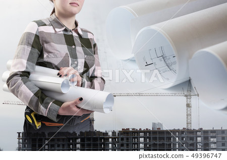 Female engineer holding construction plans. Development collage Female engineer holding construction plans. Development collage 49396747