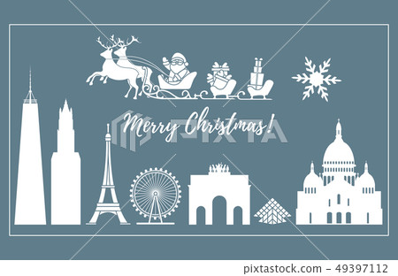 Santa Claus in sleigh flying over buildings 49397112