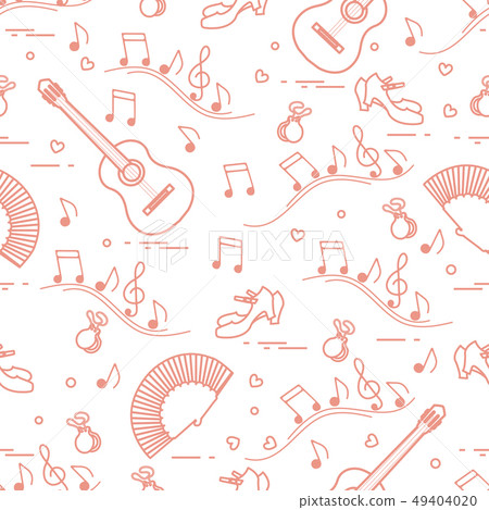 Pattern with fan, shoes, castanets, notes, guitars Pattern with fan, shoes, castanets, notes, guitars 49404020