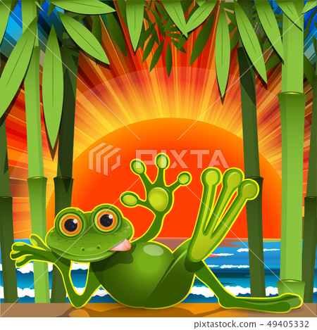 Stock Illustration Green Frog on Sunset Background 49405332