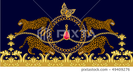 Rich baroque border with wild animals. 49409276