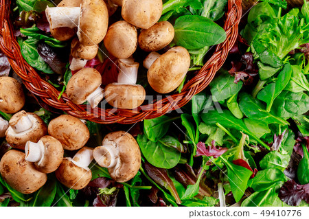 Champignon mushrooms, shot from the top 49410776