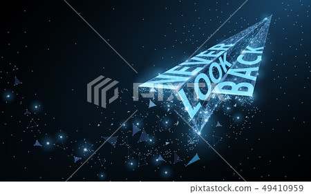 Never look back. Abstract paper airplane with Motivational slogan on dark blue background. Never look back. Abstract paper airplane with Motivational slogan on dark blue background. 49410959