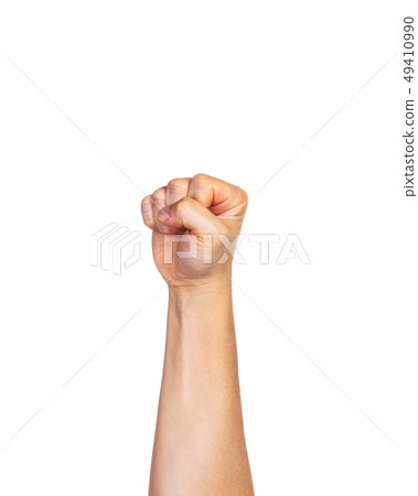 Male hand in fist punching straight out on white Male hand in fist punching straight out on white 49410990