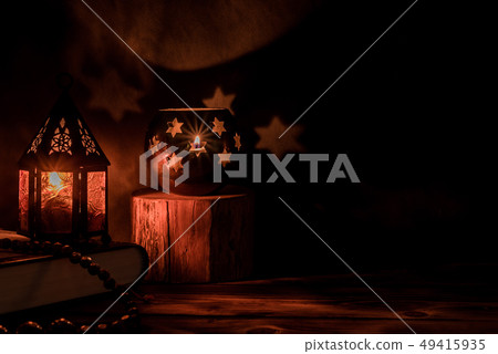 Arabic lantern with candle at night for Islamic Arabic lantern with candle at night for Islamic 49415935