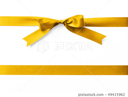 Gold satin ribbon stripe fabric bow isolated  49415962