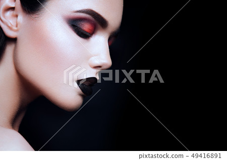Beauty Fashion Model Girl with Black Make up. Dark Lipstick. Beauty Fashion Model Girl with Black Make up. Dark Lipstick. 49416891