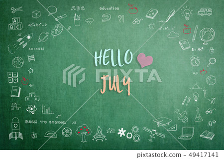 Hello July greeting on green school chalkboard 49417141