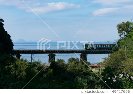Jyosen Line A train crossing a bridge with a view of the sea Jyosen Line A train crossing a bridge with a view of the sea 49417696