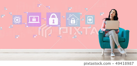 Cyber security with woman using a laptop Cyber security with woman using a laptop 49418987