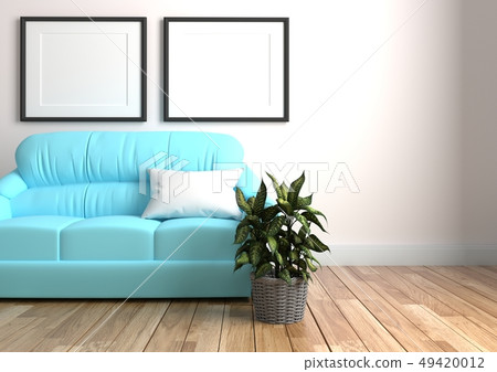white pillow on blue sofa and two frames 49420012
