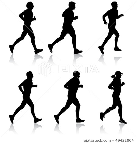 Set of silhouettes. Runners on sprint, men 49421004