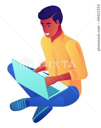 Young businessman sitting cross-legged with laptop isometric 3D illustration. 49422354
