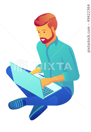 Businessman sitting cross-legged with laptop isometric 3D illustration. Businessman sitting cross-legged with laptop isometric 3D illustration. 49422364