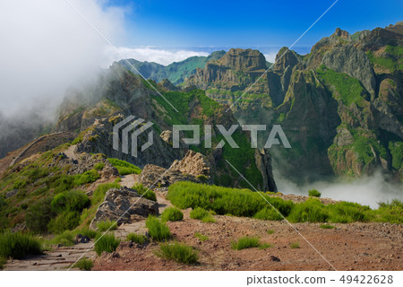 Green mountain range against blue sky Green mountain range against blue sky 49422628