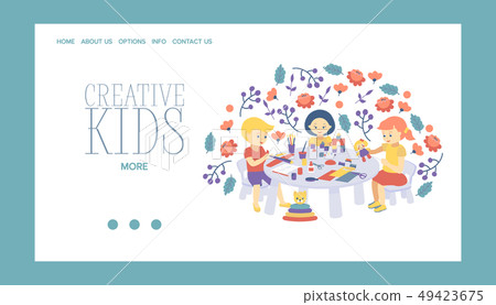 Creative kids banner vector illustration. Girls and boys drawing, painting, cutting paper, sketching 49423675