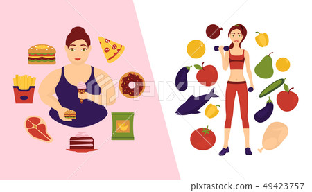 Food choice concept banner vector illustration. Two girls with healthy and fresh vegetables and Food choice concept banner vector illustration. Two girls with healthy and fresh vegetables and 49423757