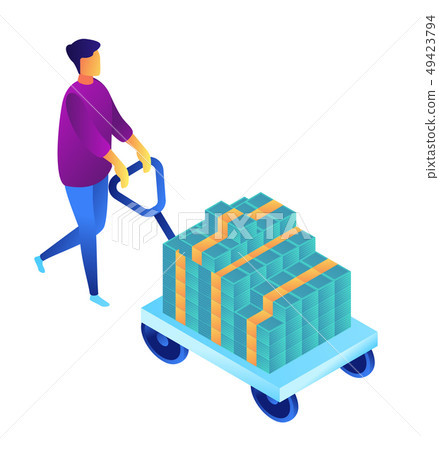 Businessman pushing a cart with cash money isometric 3D illustration. 49423794