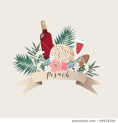 Jewish holiday Pesach, Passover greeting card. Hand drawn ribbon banner with bottle of wine, matzo Jewish holiday Pesach, Passover greeting card. Hand drawn ribbon banner with bottle of wine, matzo 49424504