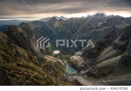 Mountain Peaks with Mountain Lakes at Sunrise 49424566