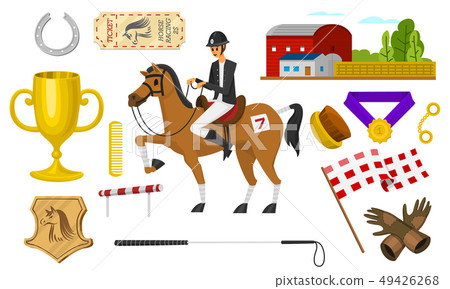 Set of Horseback riding. Racing icons for Activity Jockey club. Set of Equipments for Equestrian Set of Horseback riding. Racing icons for Activity Jockey club. Set of Equipments for Equestrian 49426268