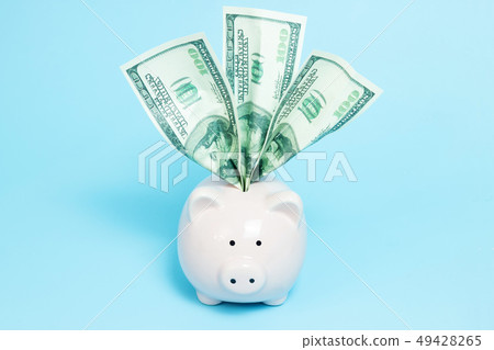 Piggy bank money on blue background Piggy bank money on blue background 49428265