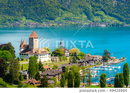 Landscape of Spiez castle on lake Thun in Bern, 49428984