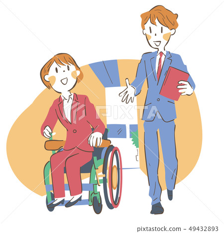 年輕的男人和女人在輪椅走，一邊聊天 49432893