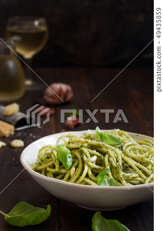 Spaghetti pasta with pesto sauce Spaghetti pasta with pesto sauce 49435859