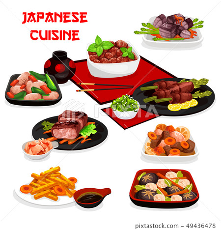 Japanese meat, vegetable dishes with asian sauces 49436478