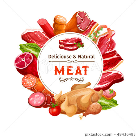 Beef and pork meat sausages, ham, bacon and salami 49436495