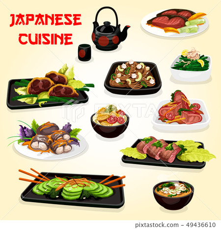 Japanese fish and meat dishes with salads and soup 49436610