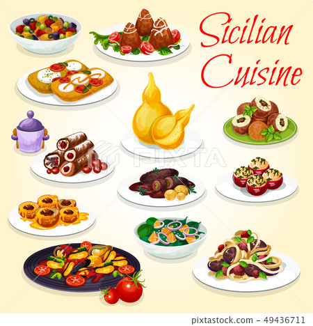 Sicilian salad, pasta, stew and dessert dishes 49436711
