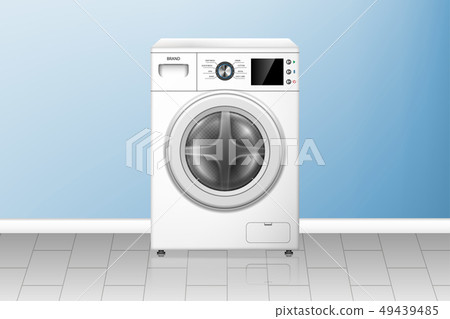 Realistic washing machine in empty laundry room. White washer front view. Modern home appliances 49439485
