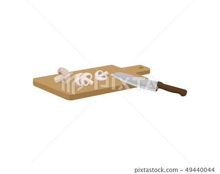 Knife and mushrooms on board on white background. Knife and mushrooms on board on white background. 49440044