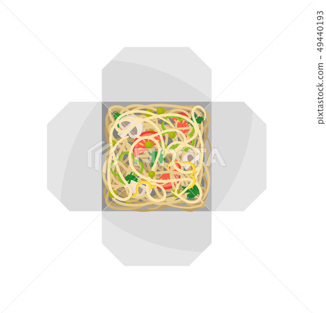 Noodles with vegetables in box on white background. 49440193