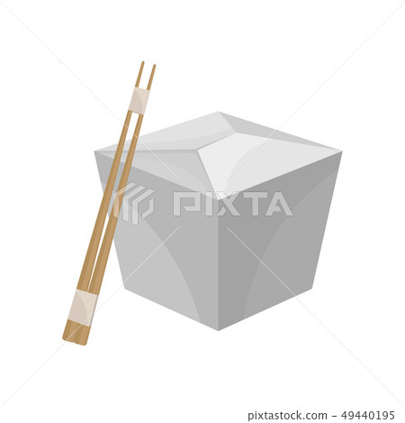 Box with food and chopsticks on white background. 49440195