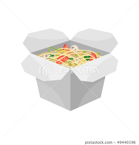 Noodles with vegetables in box on white background. 49440196