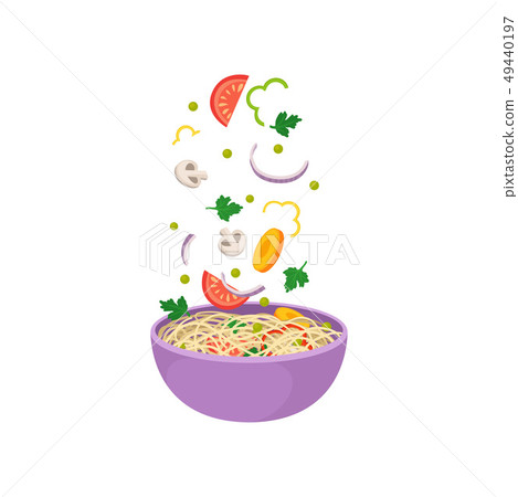 Noodles with vegetables in purple bowl on white background. 49440197