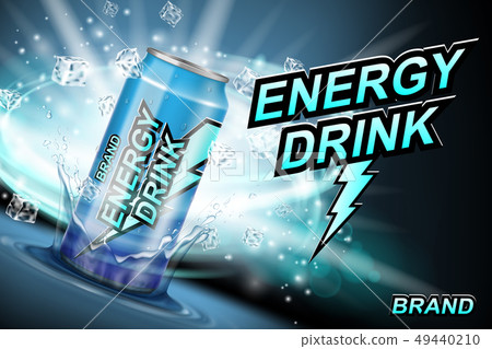 Energy drink label ads with ice cubes and splash on dark. Realistic package lightning design, energy 49440210