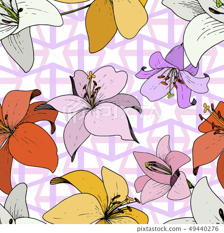 Vector Lily Floral botanical flower. Black and white engraved ink art. Seamless background pattern. Vector Lily Floral botanical flower. Black and white engraved ink art. Seamless background pattern. 49440276