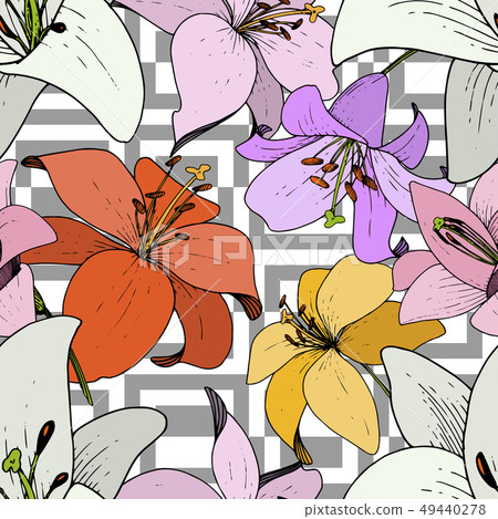 Vector Lily Floral botanical flower. Black and white engraved ink art. Seamless background pattern. Vector Lily Floral botanical flower. Black and white engraved ink art. Seamless background pattern. 49440278