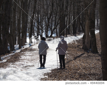 Two elderly people walk in the spring park. Two elderly people walk in the spring park. 49440894