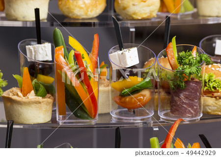 Mini canapes with cheese salads meat and seafood i 49442929