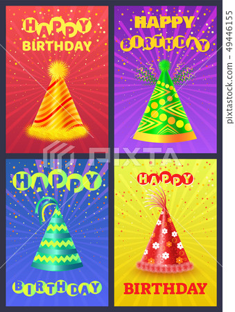 Festive Cone Cap Happy Birthday Postcard Vector Festive Cone Cap Happy Birthday Postcard Vector 49446155
