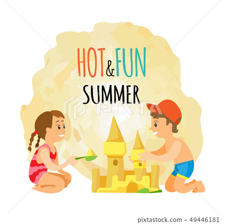 Summer Beach, Girl and Boy Building Sand Castle Summer Beach, Girl and Boy Building Sand Castle 49446181