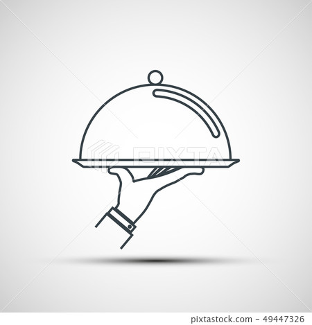 Waiter holding empty tray with a cloche. Logo 49447326